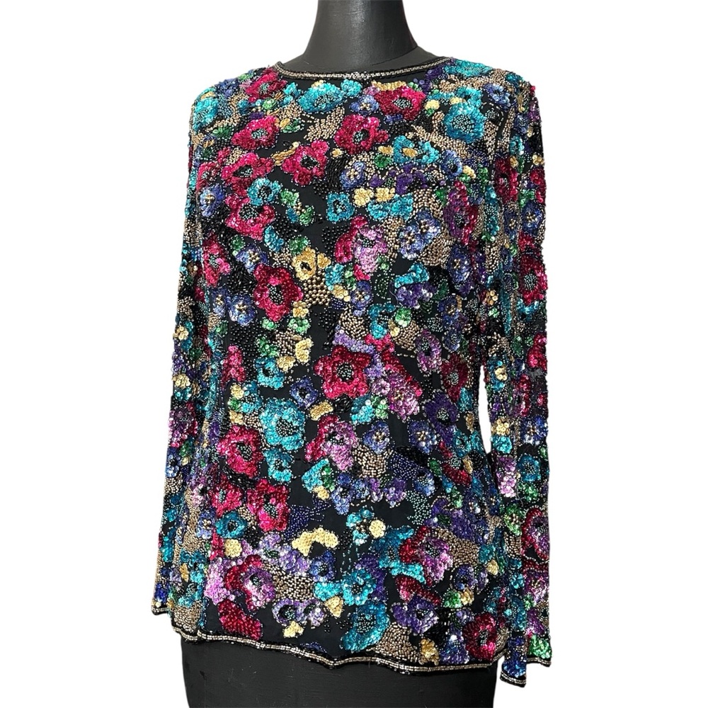 Vintage Showstopper Beaded Floral Flowers Top Sequins Joan Leslie Evenings Bold